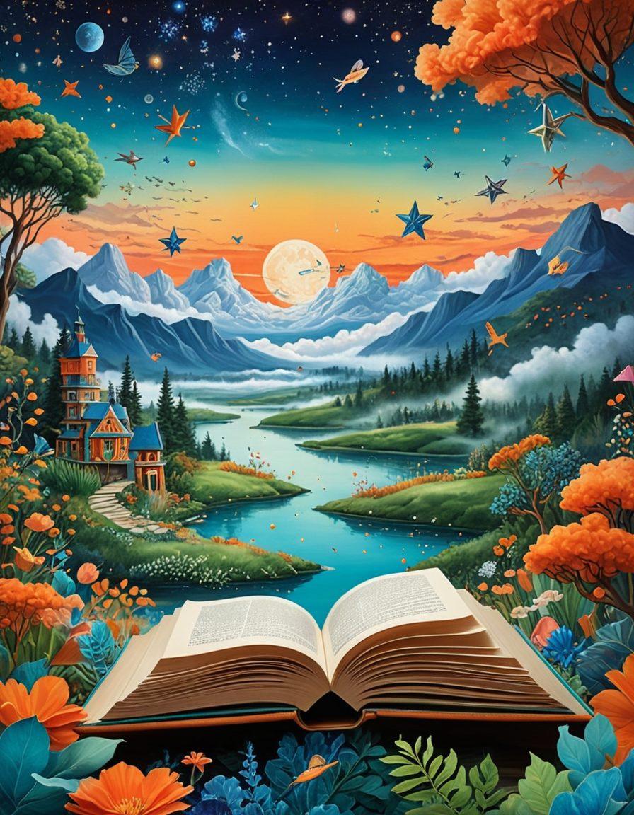 A vibrant collage of ten unique and dazzling designs, each representing a different aspect of creativity and imagination. Include a surreal landscape filled with colorful abstract shapes, whimsical patterns, and enchanting elements like floating books and fantastical creatures. Use a harmonious color palette that blends electric blues, radiant oranges, and lush greens to inspire wonder. The background should be a dreamy sky filled with stars and soft clouds. super-realistic. vibrant colors.