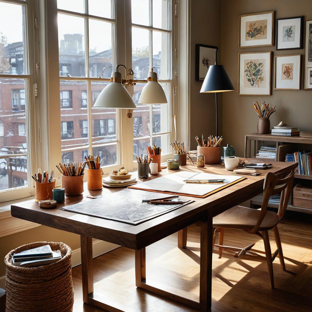 A mesmerizing workspace showcasing a blend of traditional craftsmanship and modern artistry, featuring a beautifully crafted wooden table scattered with colorful art supplies, intricate sketches, and partially completed designs. In the background, sunlight illuminates the room, highlighting the textures of various materials like clay, fabric, and paints, creating an inspiring atmosphere. Include a vintage inspired lamp casting a warm glow, and a vibrant color palette that ignites creativity. super-realistic. vibrant colors. warm lighting.